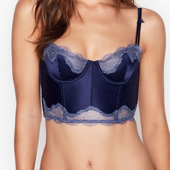 NWT Victorias Secret Bustier Navy Blue 32C Lace Bralette Bra Romantic Balconette